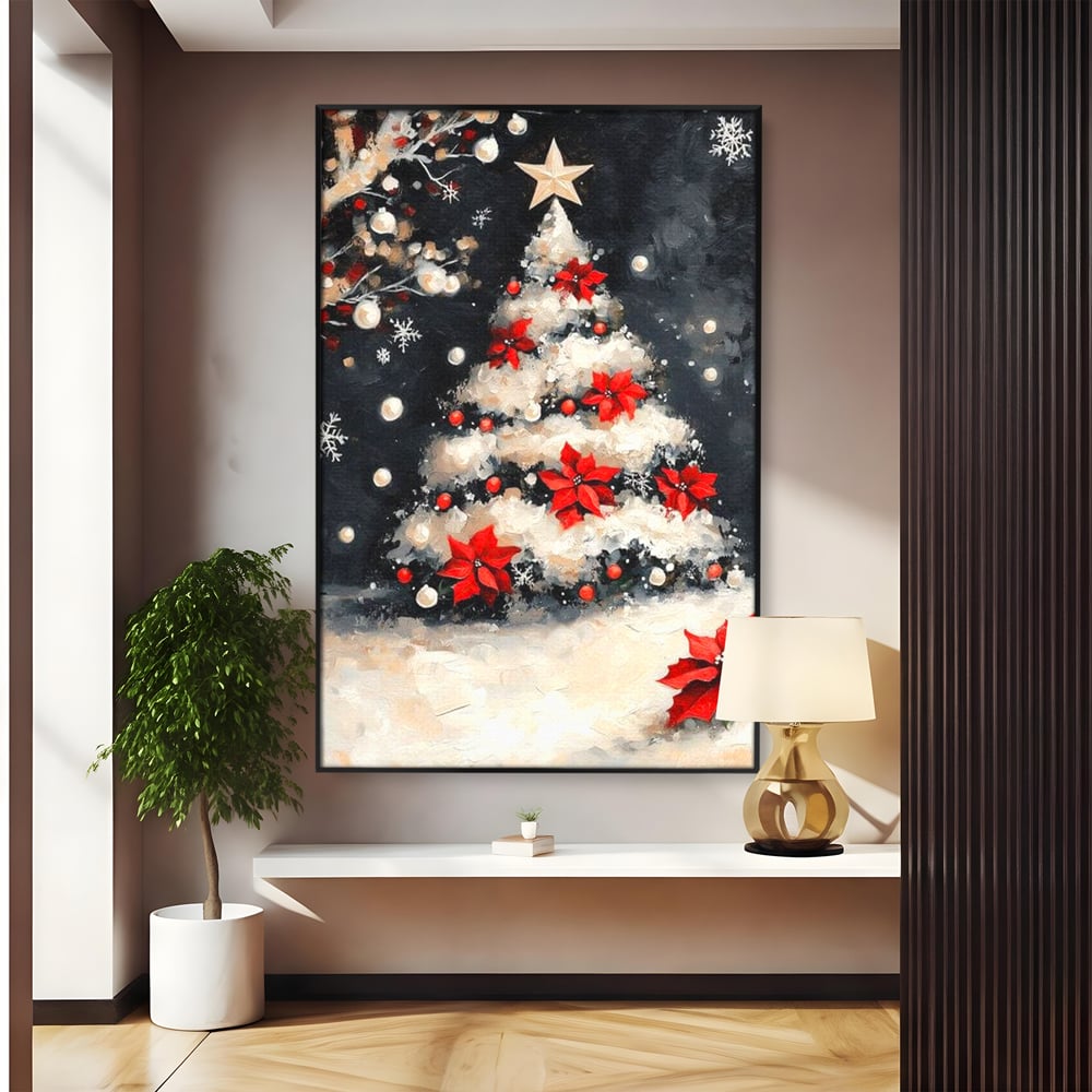 Tablou canvas cu tablou canvas cu brad de craciun pictat, in rama de aluminiu negru